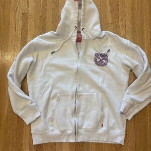 Dixxon Party Crest Zip Up Hoodie Mens Preowned White Red & Blue L